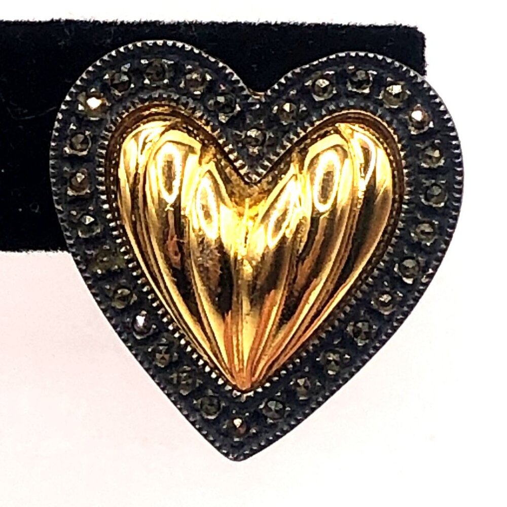 Vintage Judith Jack Gold Tone Marcasite Halo Puffy Heart Clip-On 1" Earrings - Picture 3 of 15